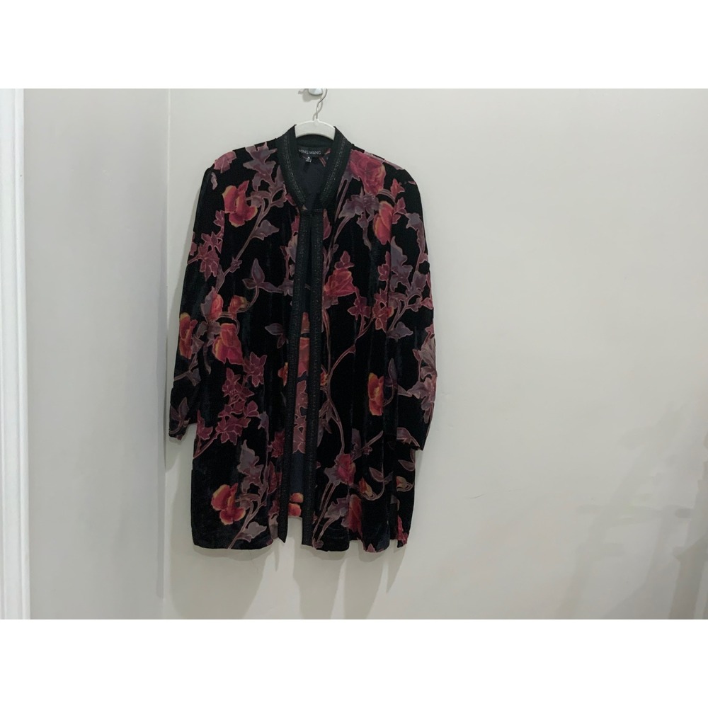 Ming Wang Women XL Velvet Floral Burnout Cardigan Jacket Black Red Metallic Trim